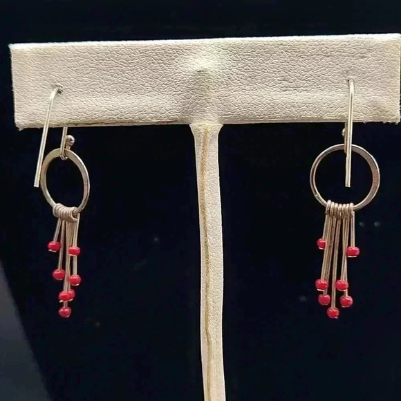 Sterling silver one and a half inch dangle chandelier earrings with red stones - Picture 3 of 3